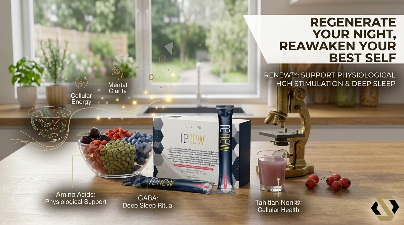 Nutrifii Renew Partner.co food supplement banner for natural HGH stimulation, deep restorative sleep, and cellular renewal with amino acids, GABA, and Tahitian Noni