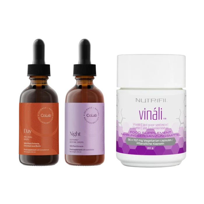 Complete Slenderiiz Day and Night Drops with Vináli supplement pack for body balance and skin elasticity at Opportunityshop