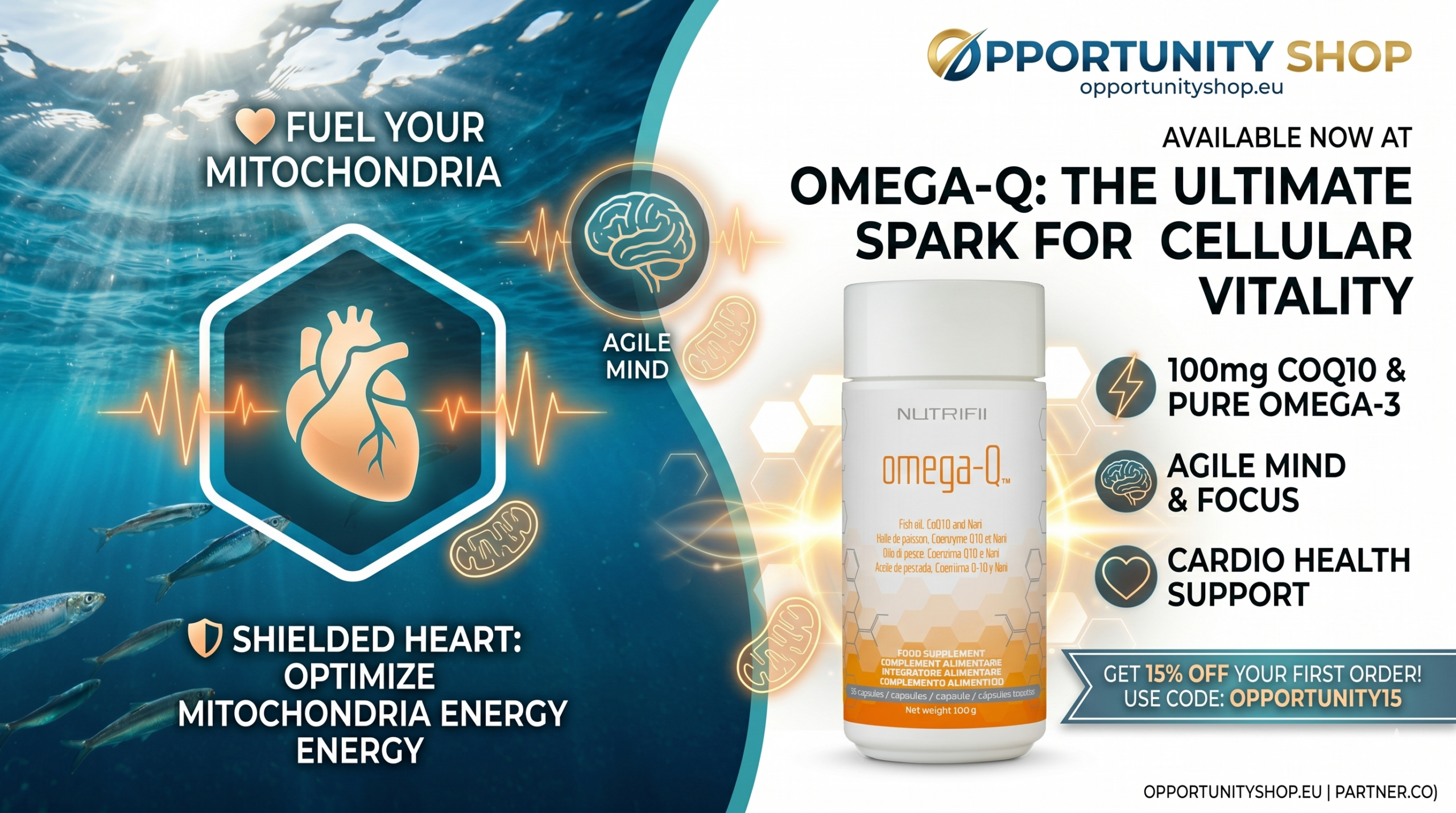 Opportunity Shop - Omega Q scaled Nutrifii Omega-Q supplement bottle with heart and brain health icons - Opportunity Shop