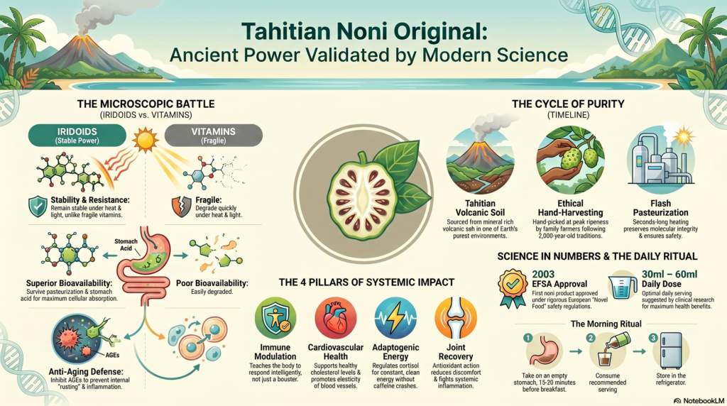 Opportunity Shop - infogra EN ‘An infographic explaining the benefits and iridoids of Original Tahitian Noni’.