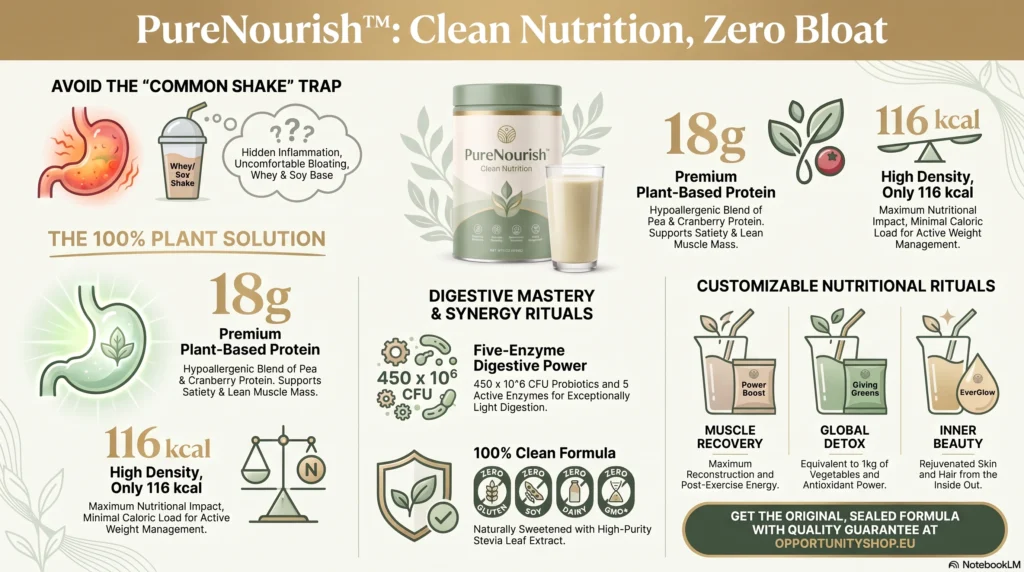 Opportunity Shop - Clean Plant Based Nutrition Infographic UK PureNourish Slenderiiz bag focusing on the nutritional table and clean ingredients