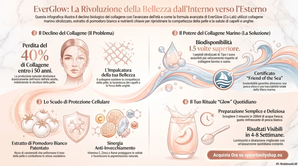 Opportunity Shop - Infografica bellezza e collagene marino EverGlow di Partner.Co: Collagene Marino Idrolizzato Premium