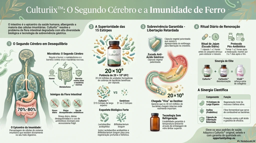 Opportunity Shop - Infografico de Saude Intestinal Probiotica PT Infografia de Culturiix de Nutrifii com cápsulas vegetais de libertação retardada