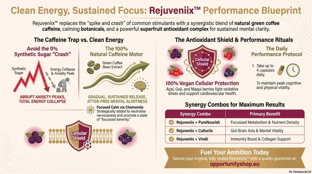 Nutrifii Rejuveniix bottle highlighting natural ingredients and clean energy formula