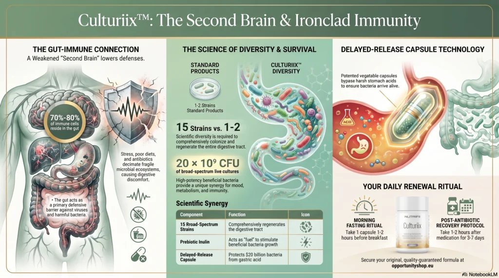 Opportunity Shop - Probiotic Supplement Health Infographic UK Nutrifii Culturiix bottle with delayed-release vegetable capsules