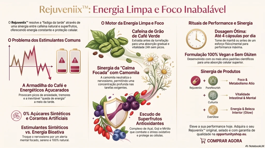 Opportunity Shop - Energia Limpa e Foco Inabalavel PT Rejuveniix de Nutrifii focado nos ingredientes naturais e fórmula de energia limpa