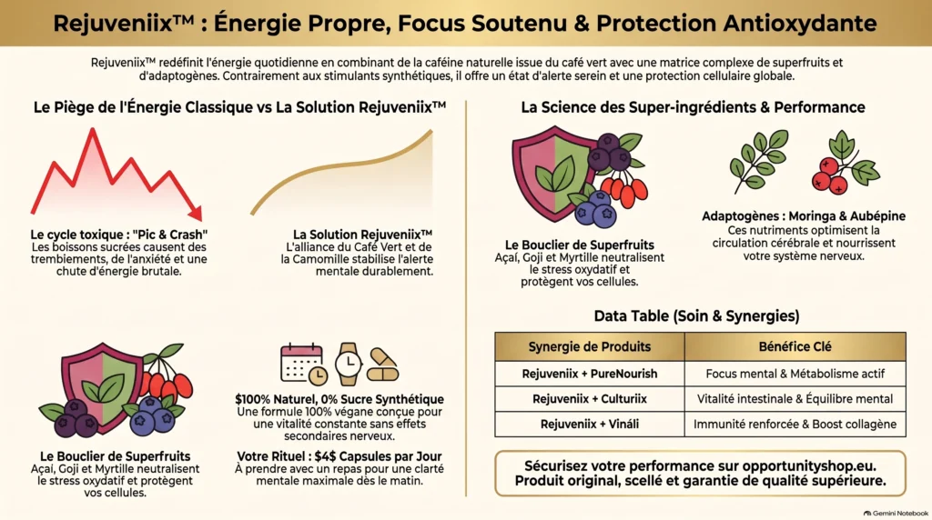 Opportunity Shop - Energie naturelle et focus mental FR Rejuveniix de Nutrifii centré sur les ingrédients naturels et la formule d'énergie propre