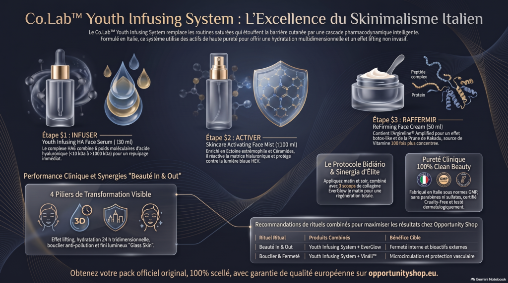 Coffret anti-age Co.Lab Youth Infusing System Partner.co avec serum HA6 brume activatrice et creme raffermissante